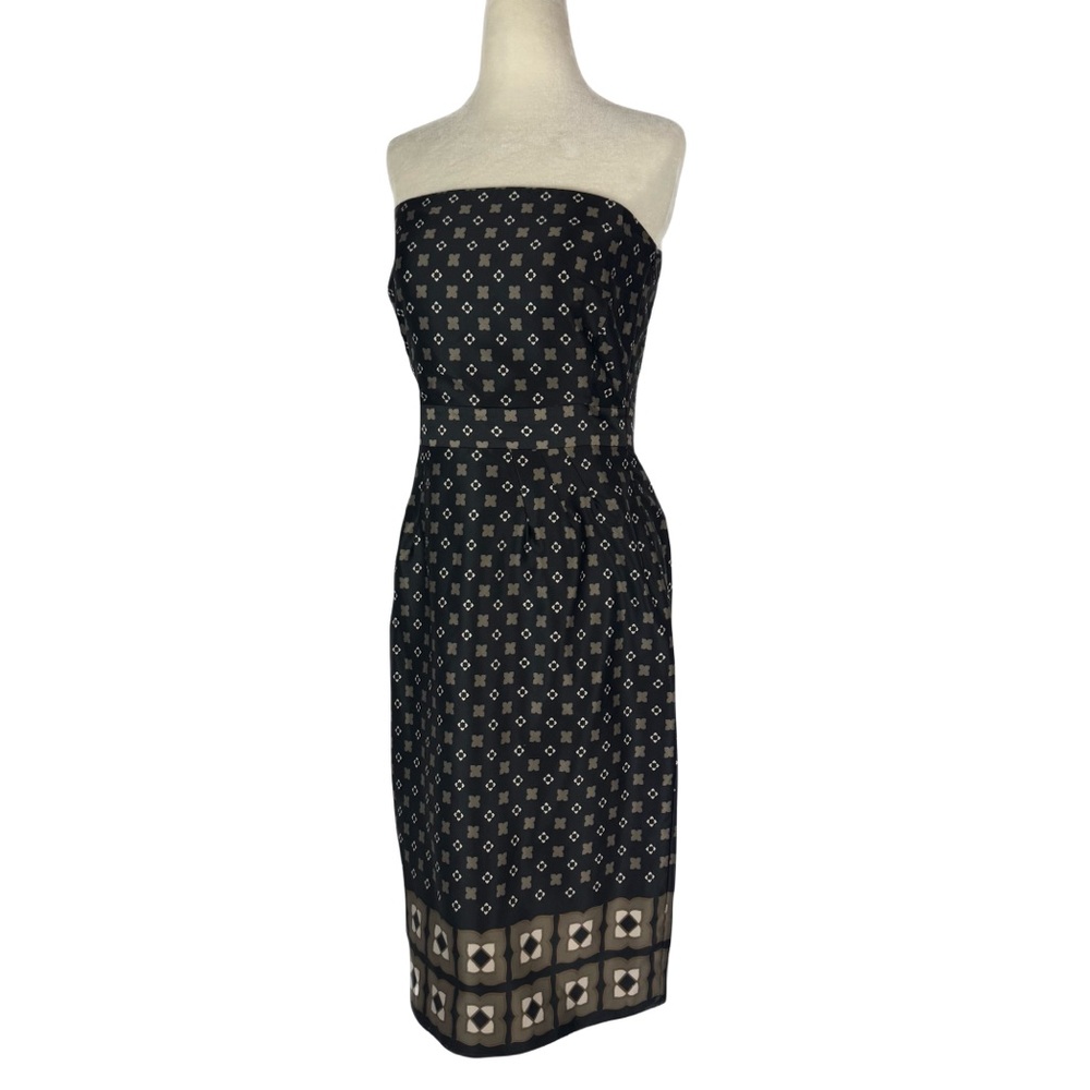 Banana Republic black & tan satin geometric scarf print strapless dress sz 6 EUC